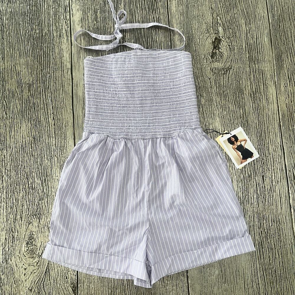 Nation LTD Vacation Stripe Lavender Purple 100% Pima Cotton Blondie Romper XS - Picture 2 of 8